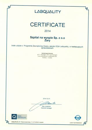Certyfikat EQA Labquality Helsinki